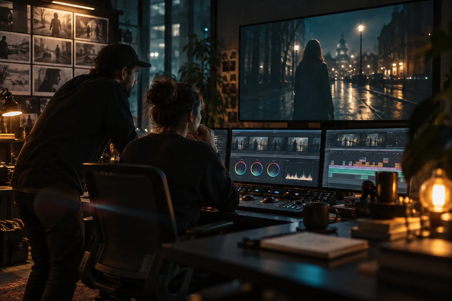 Creative team reviewing a long take in a colour grading suite